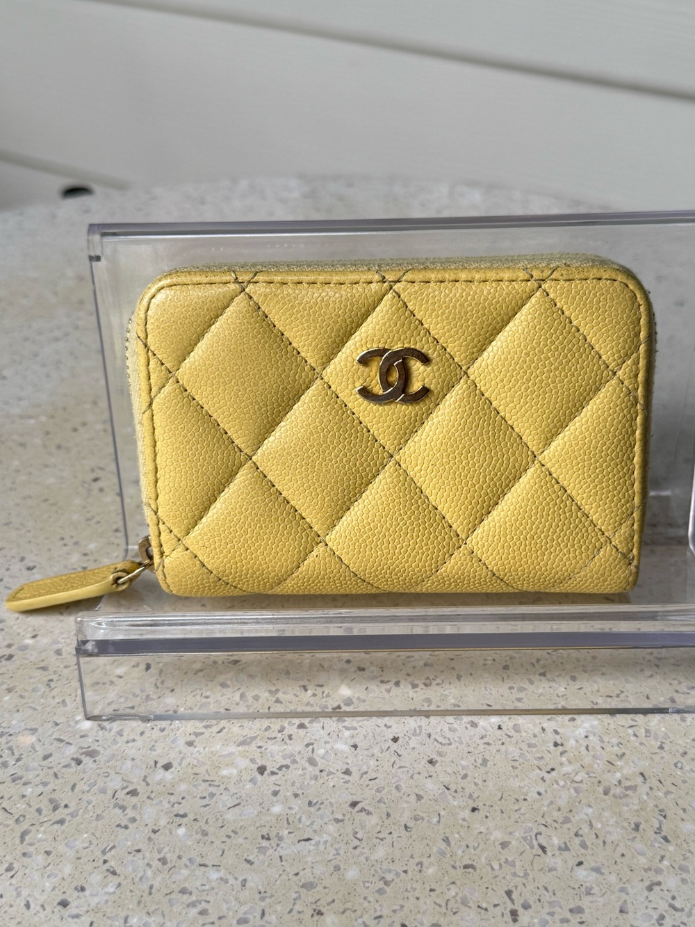 CHANEL Classic Zipped Coin Purse Compact Wallet Yellow Quilted Caviar Leather CC